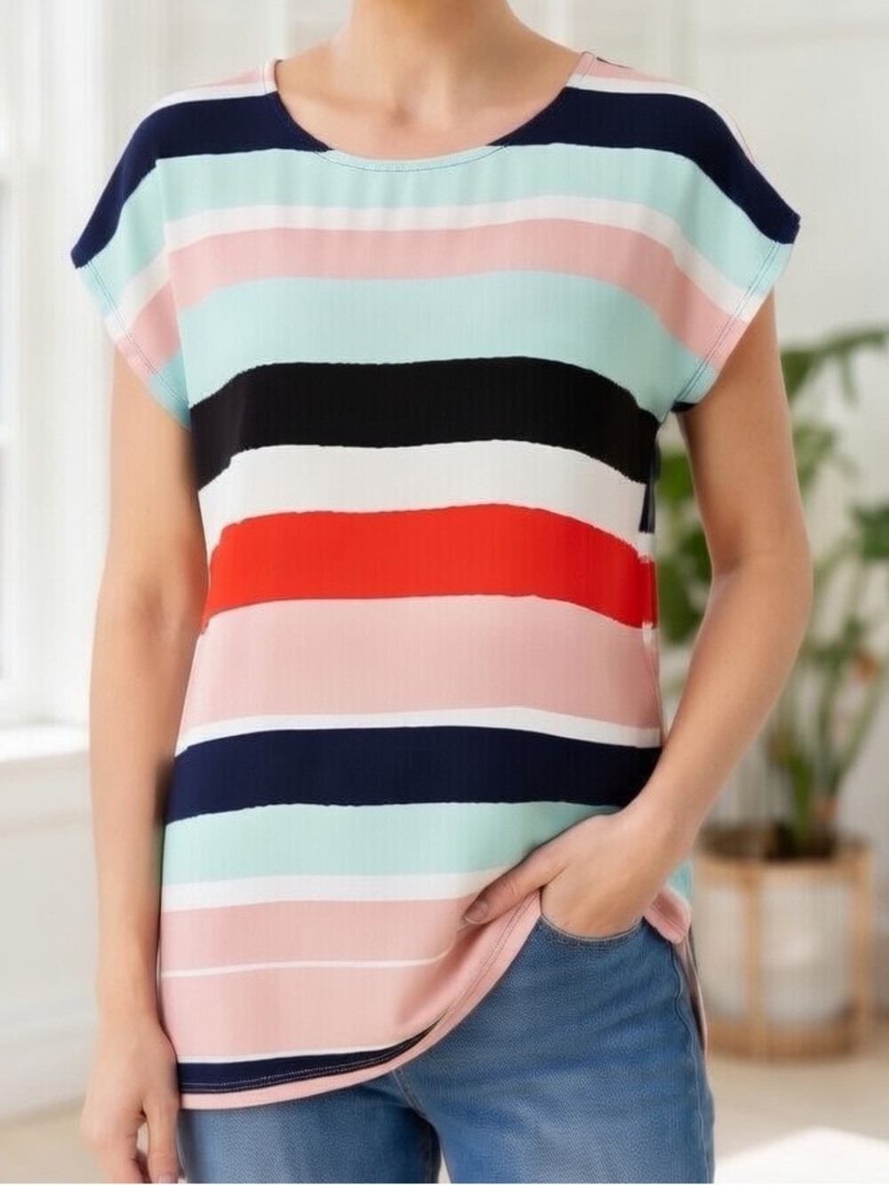 Simply Styled Sears Striped Colorblock Short-Sleeve Tunic Top Navy Pink Blue S